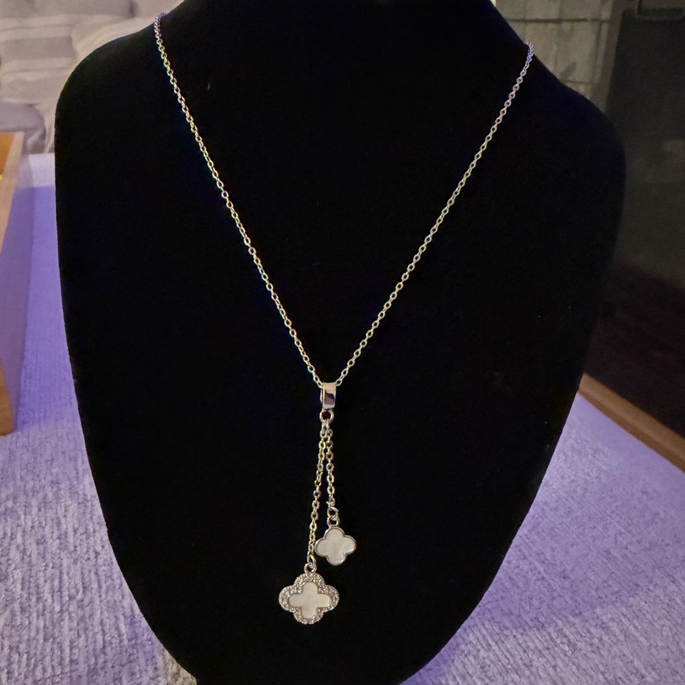 Silver-Tone Double Clover Lariat Necklace